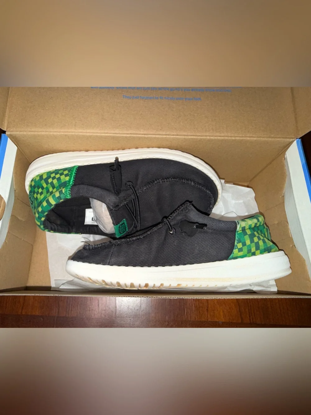 Hey Dude Kids Black Sneakers with Green Checker Heel